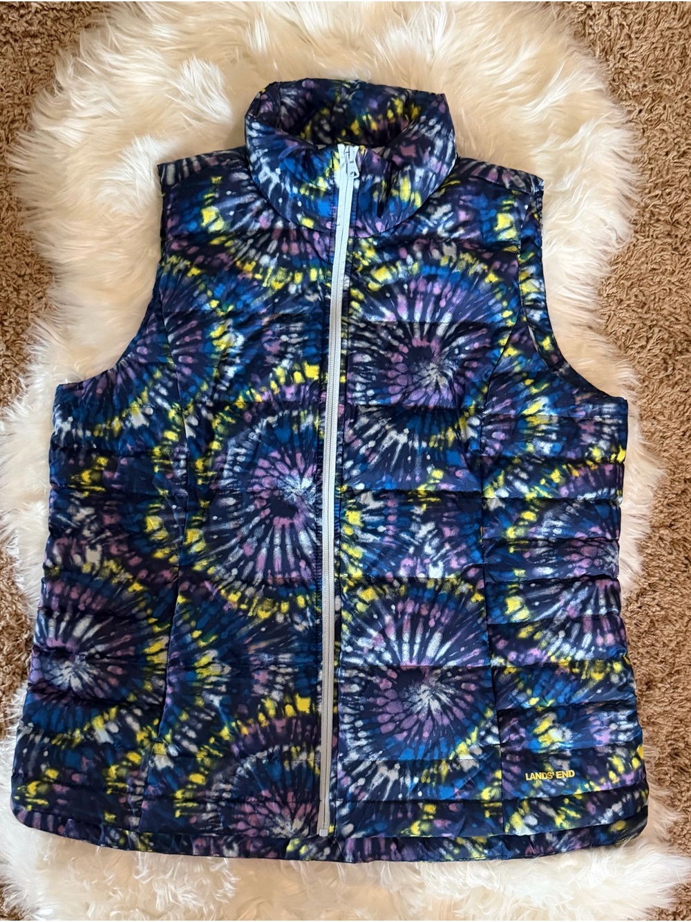 Lands' End Tie-Dye Puffer Vest — Blue, Purple & Yellow